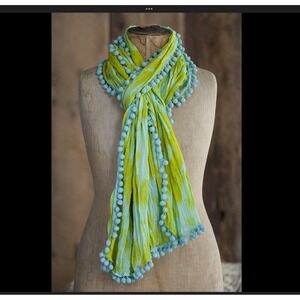 Natural Life Scarf Lightweight Green Blue Tie Dye Pom Pom Trim Boho Chic‎